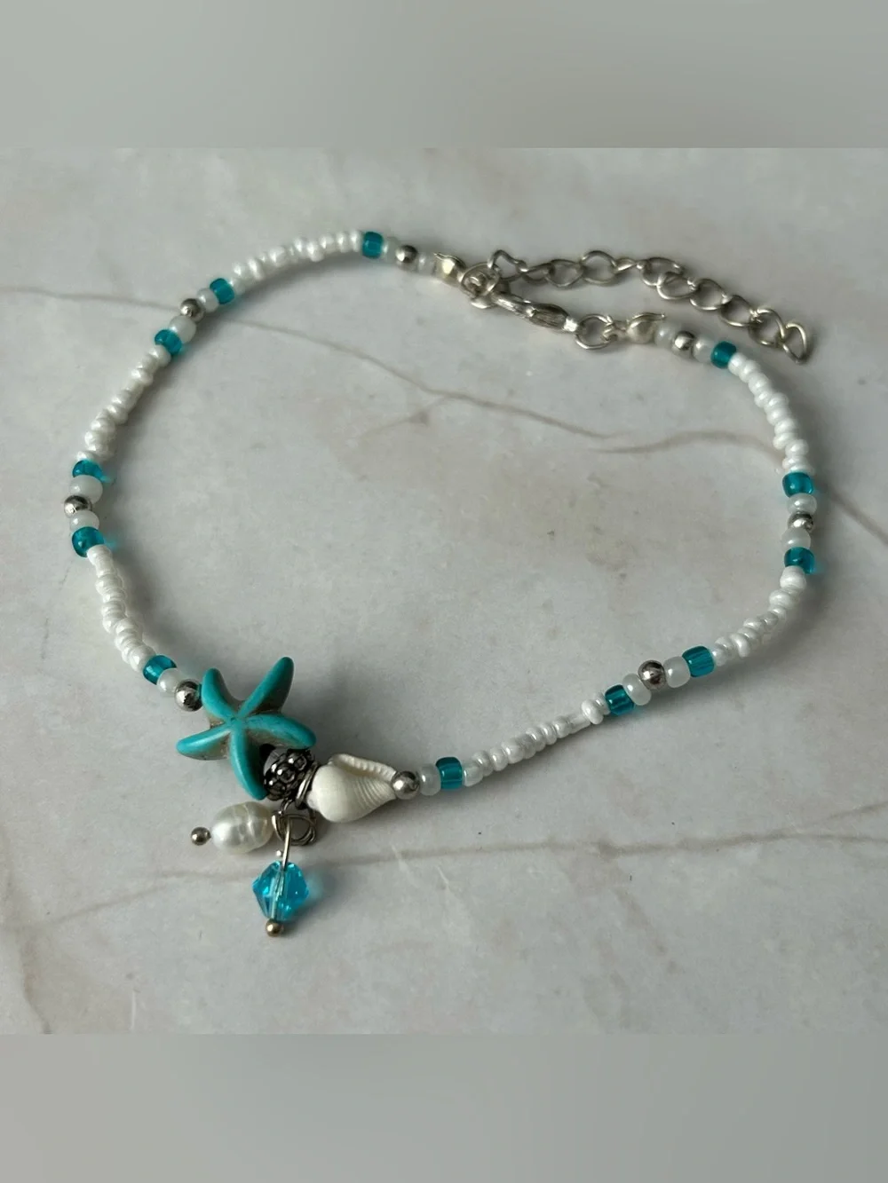 Turquoise & White Starfish Beaded Anklet with Shell Charm